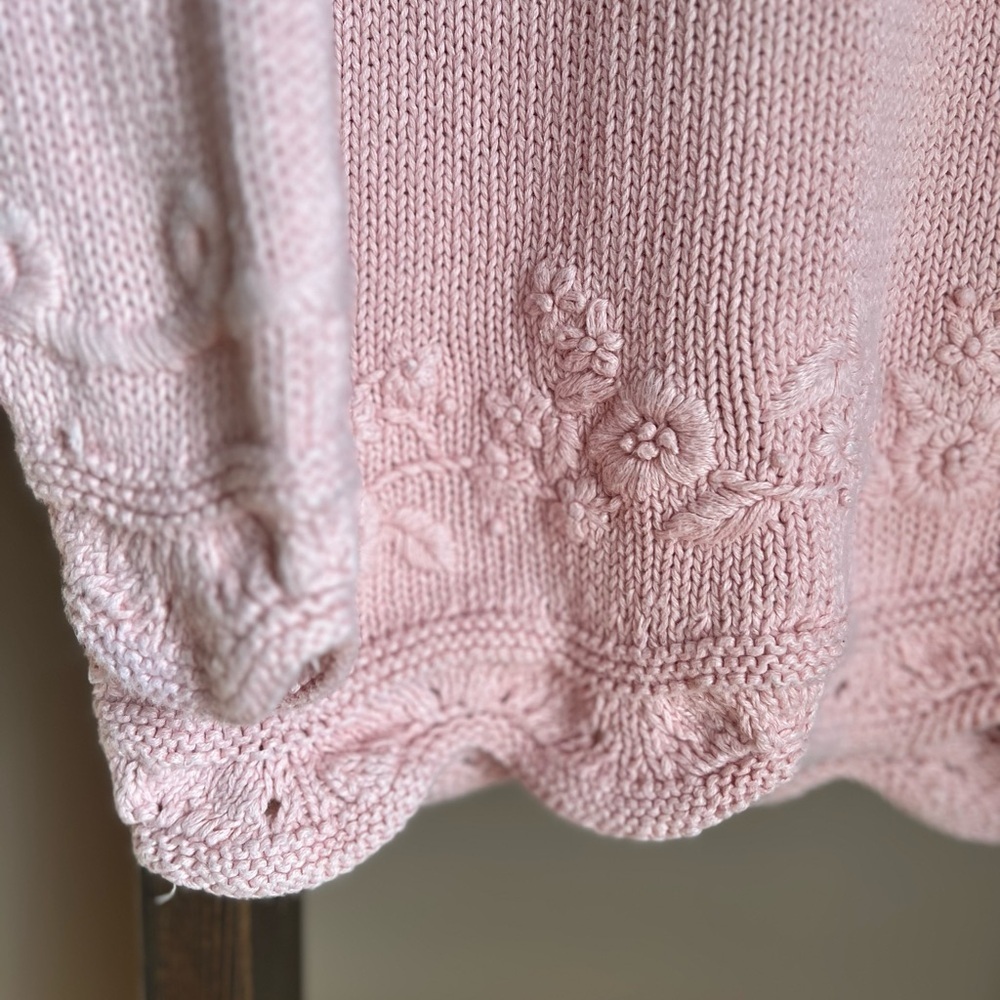 Vintage Heavy Cotton Knit Pink Floral with Embroidered Flowers V‑Neck Sweater - Picture 6 of 8